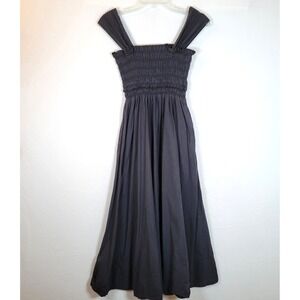 Club Monaco Womens Smocked Peasant Midi Dress Pockets Size XS Black Prairie